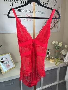 Black Fuchsia Red Lace and Mesh Plunging Bodysuit Sexy Lingerie New Plus Size 1X
